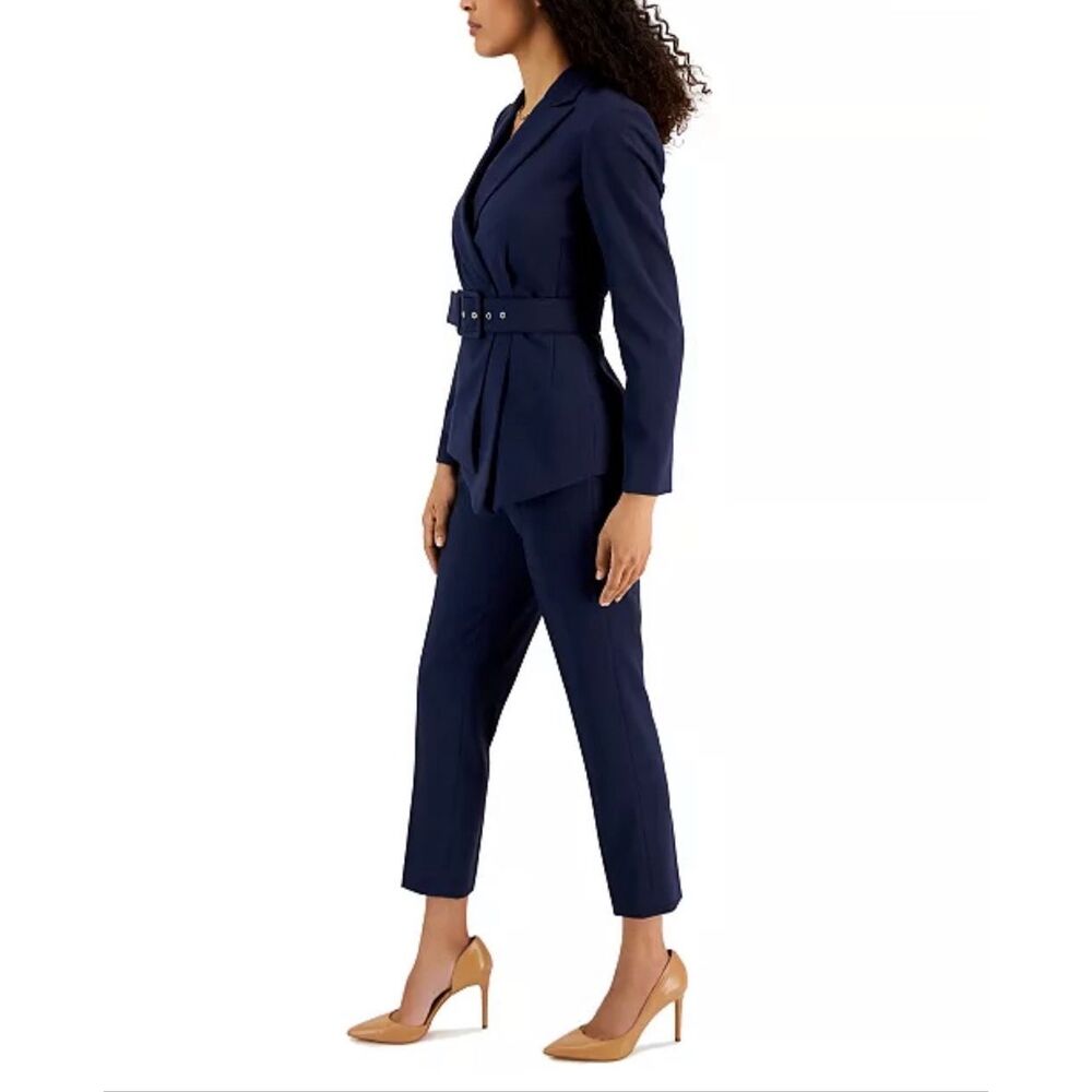 Tahari Navy Belted Blazer Pantsuit - Picture 2 of 5